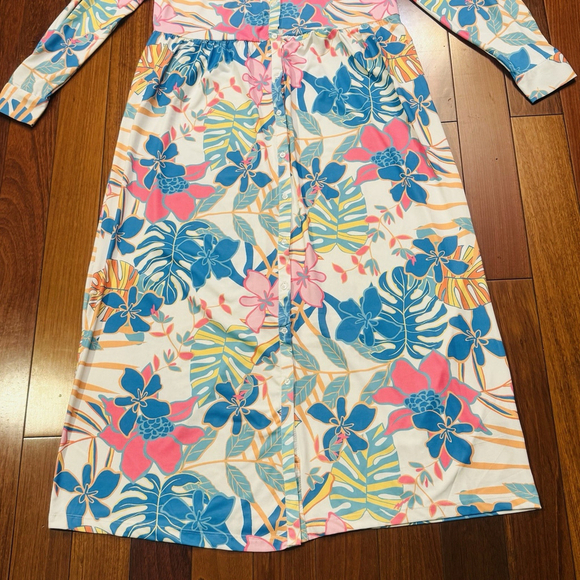 NWT Tolani Blue Tropica Maxi Dress Size:S Pocket Floral Button Front Long Sleeve - Picture 14 of 15